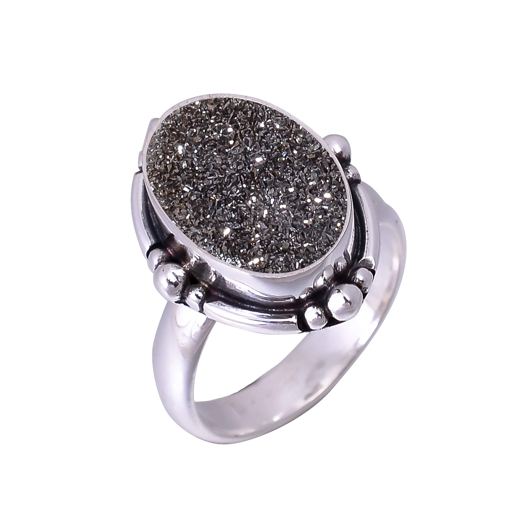 Black Titanium Agate Drusy 925 Sterling Silver Ring