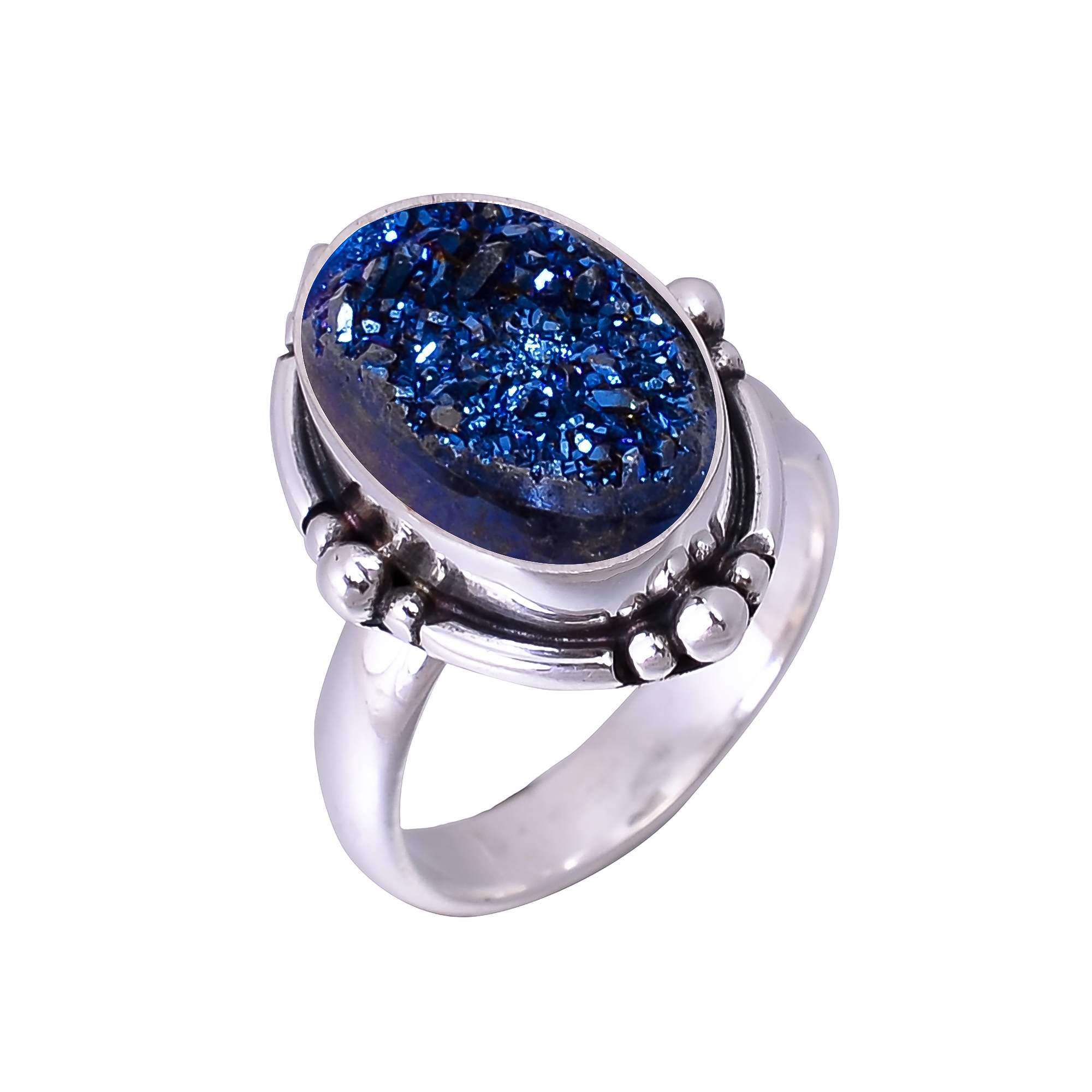 Electric Blue Titanium Agate Drusy 925 Sterling Silver Ring