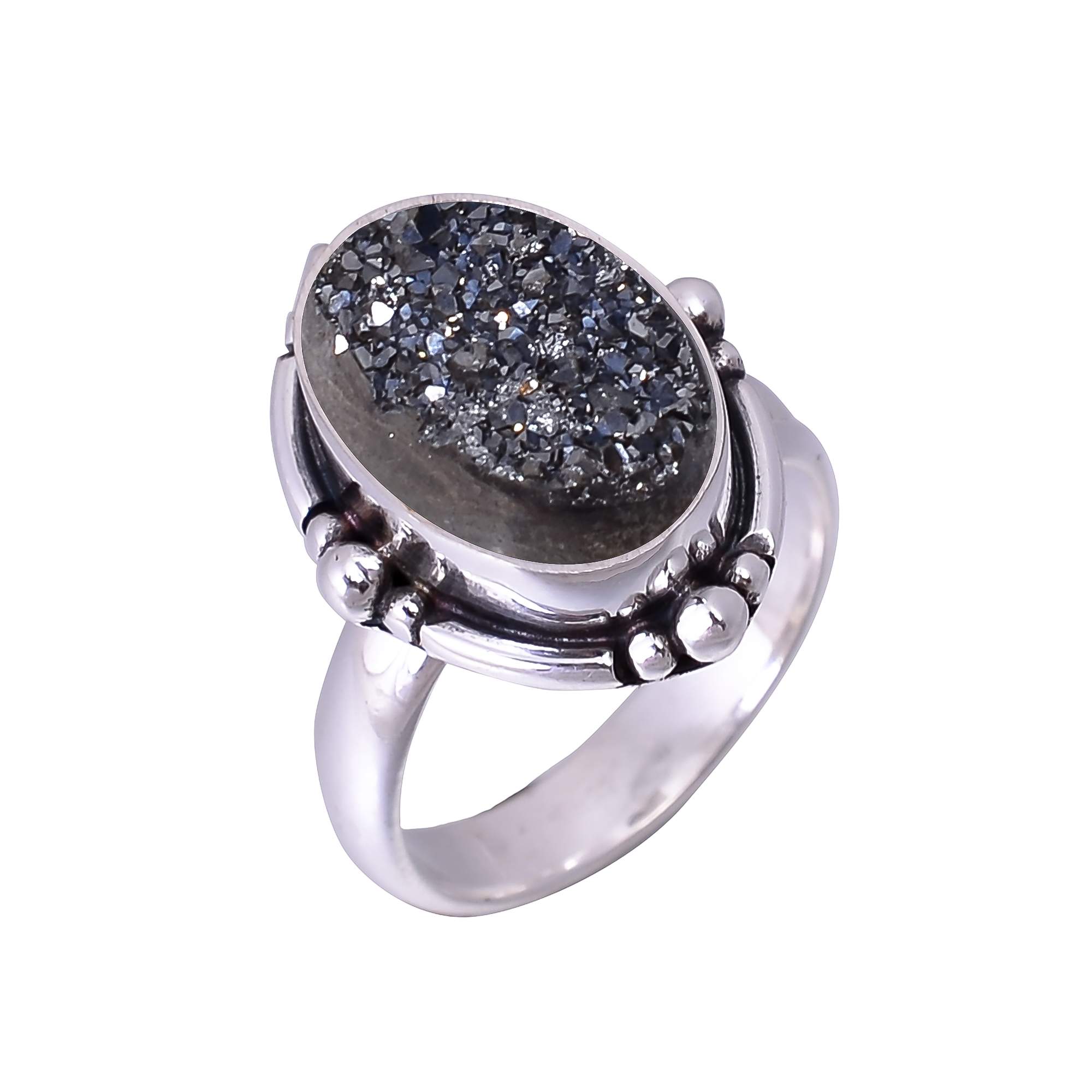 Black Titanium Agate Drusy 925 Sterling Silver Ring