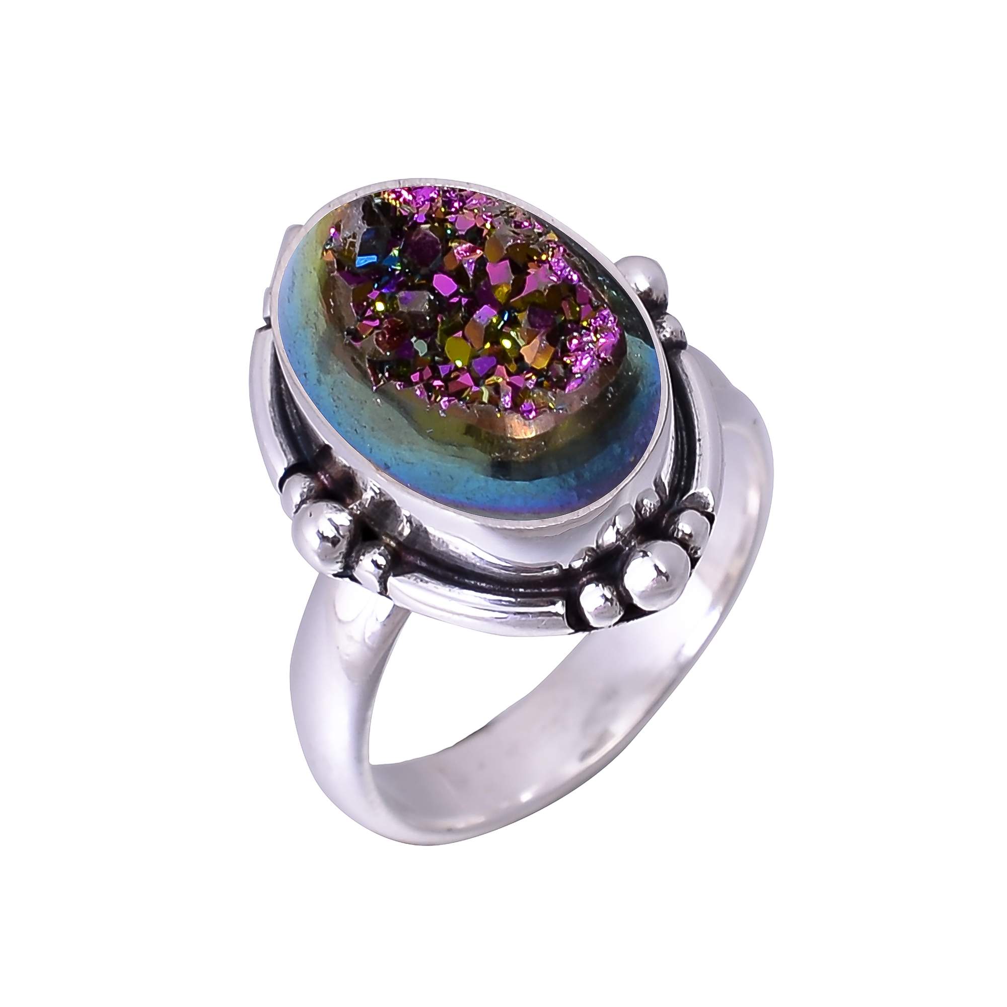 Peacock Titanium Agate Drusy 925 Sterling Silver Ring