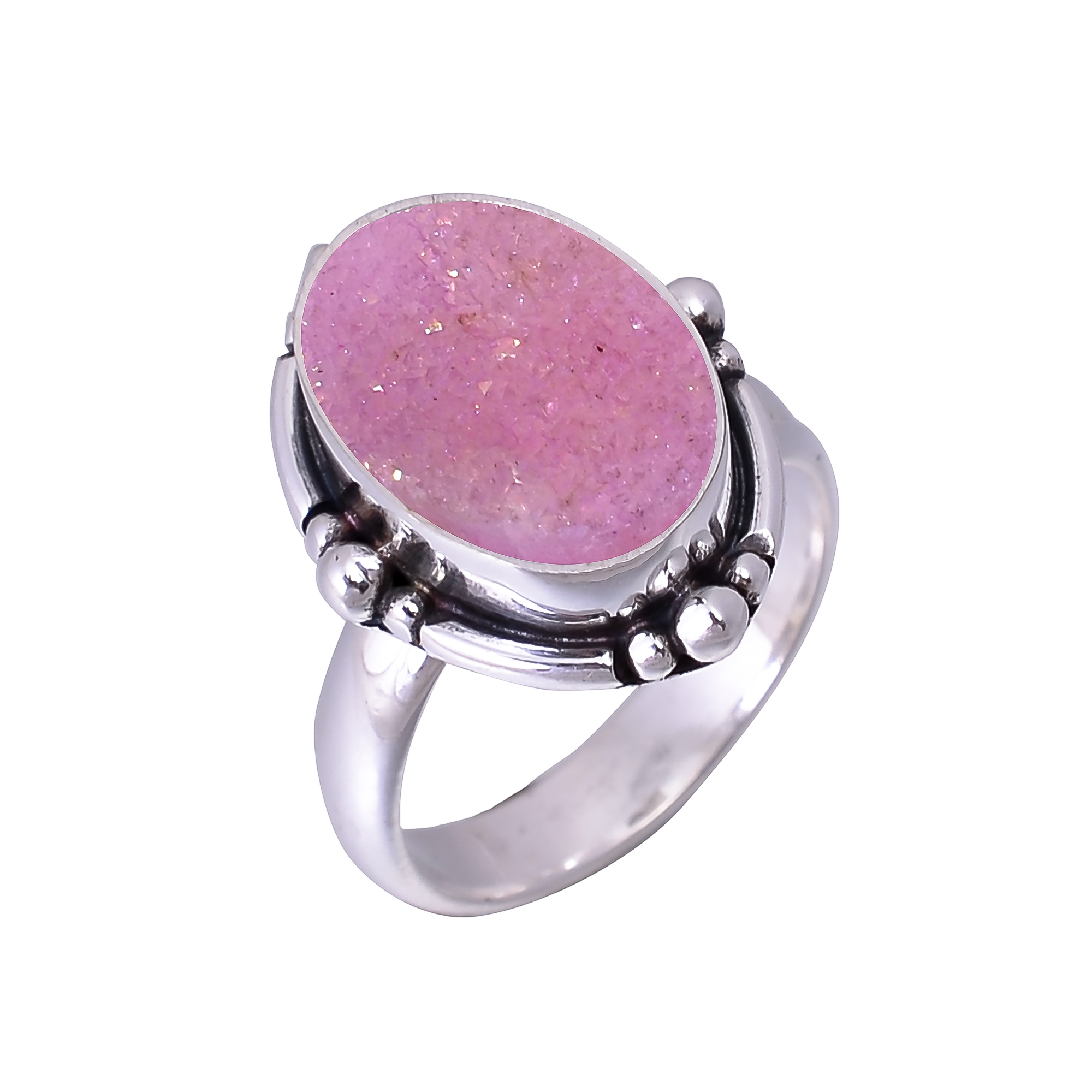 Pink Quartz Drusy - India 925 Sterling Silver Ring
