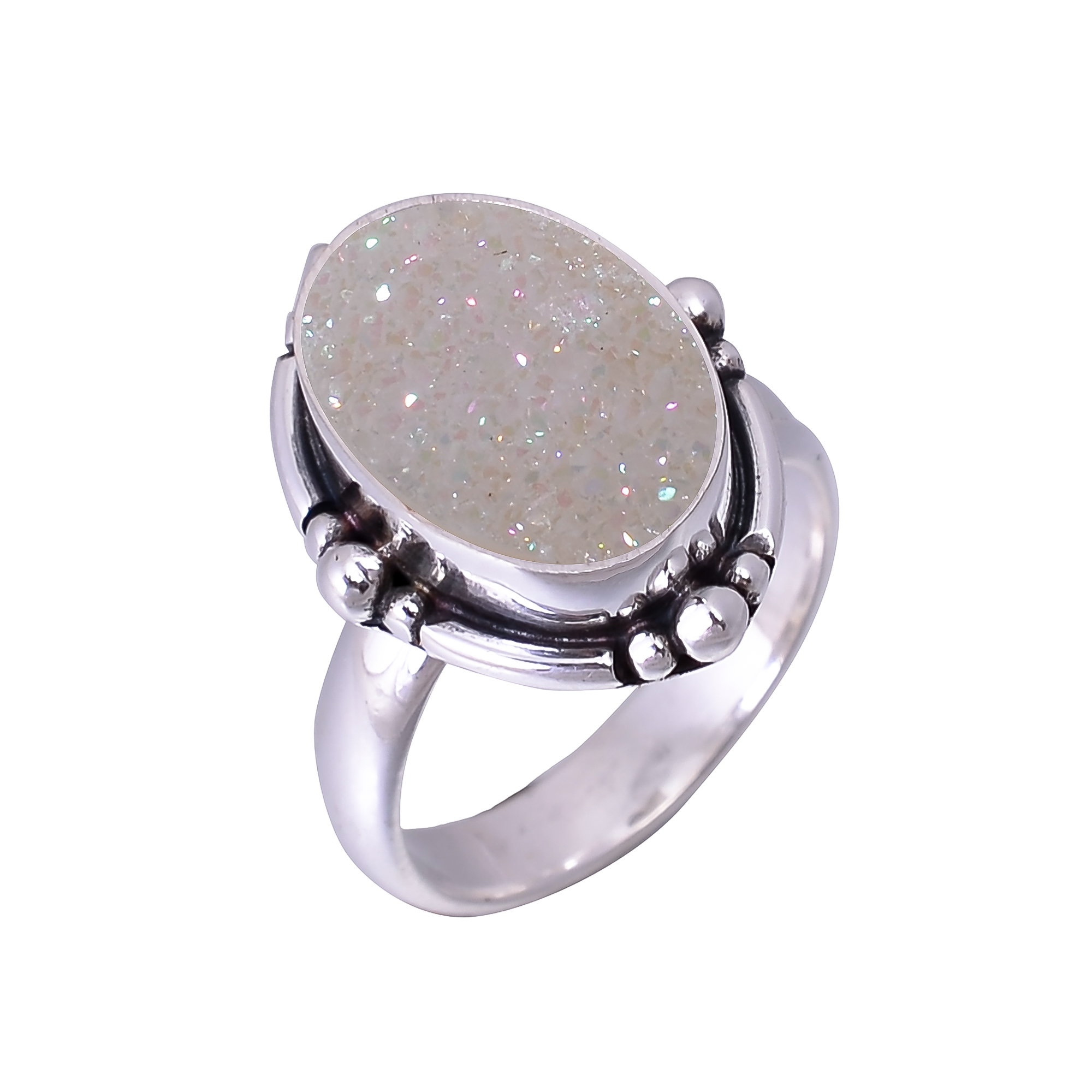Snow White Titanium Agate Drusy 925 Sterling Silver Ring