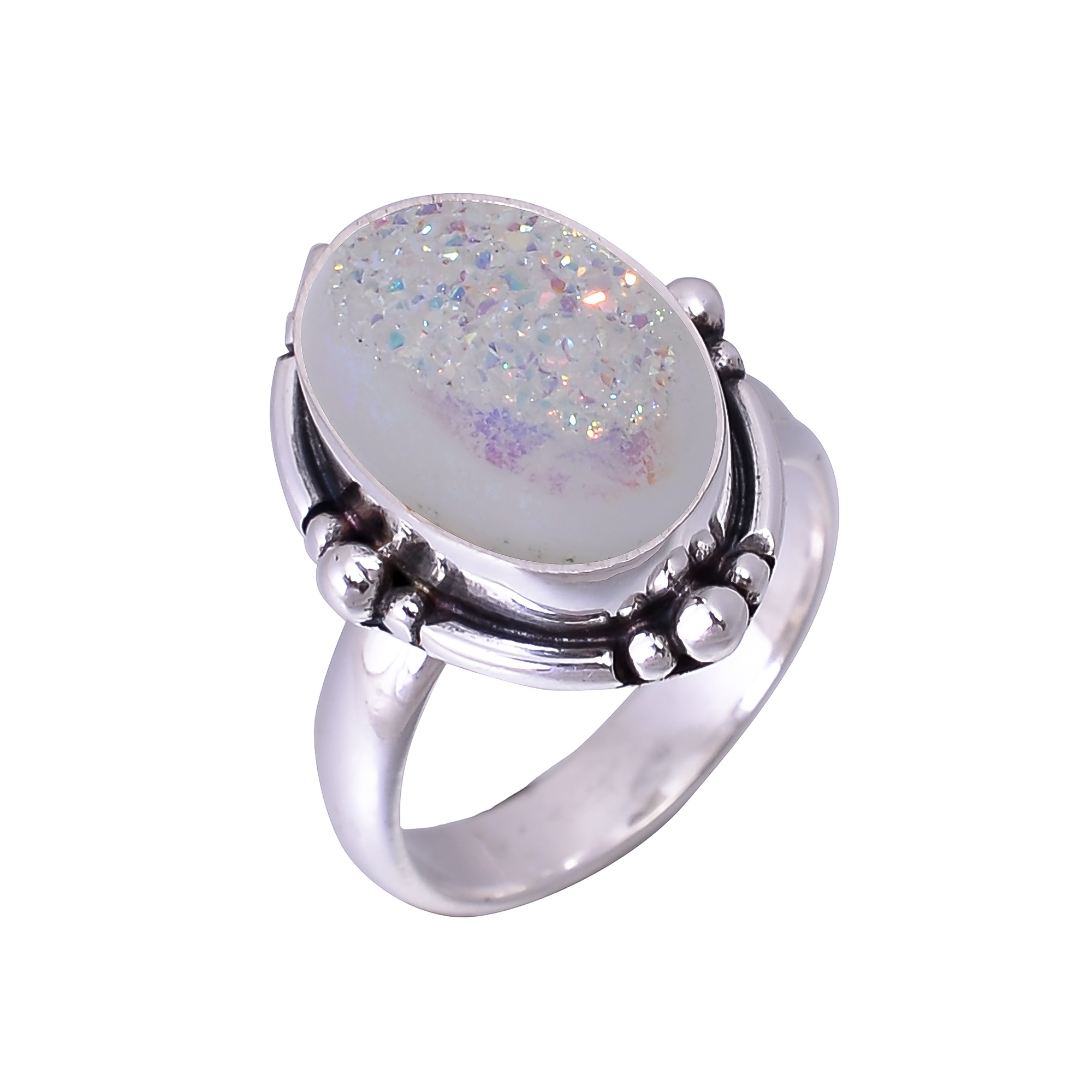 Snow White Titanium Agate Drusy 925 Sterling Silver Ring