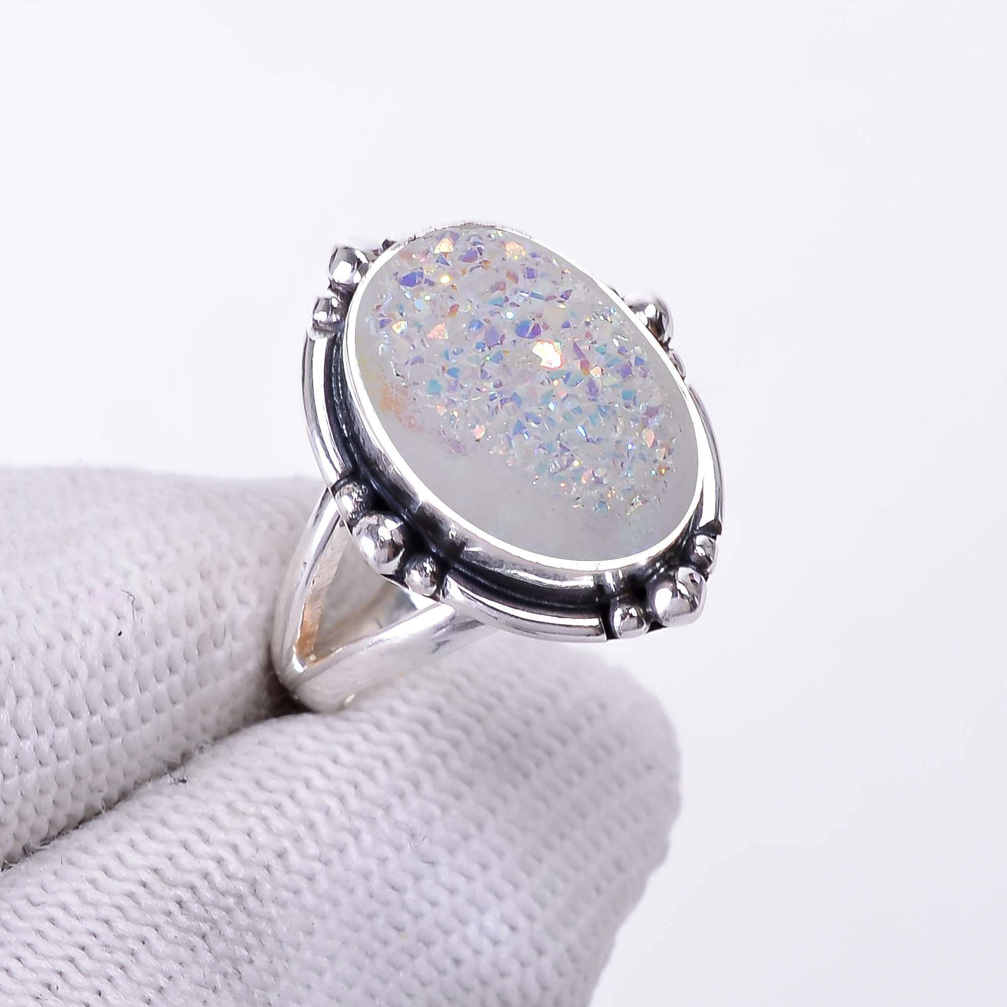 Snow White Titanium Agate Drusy 925 Sterling Silver Ring
