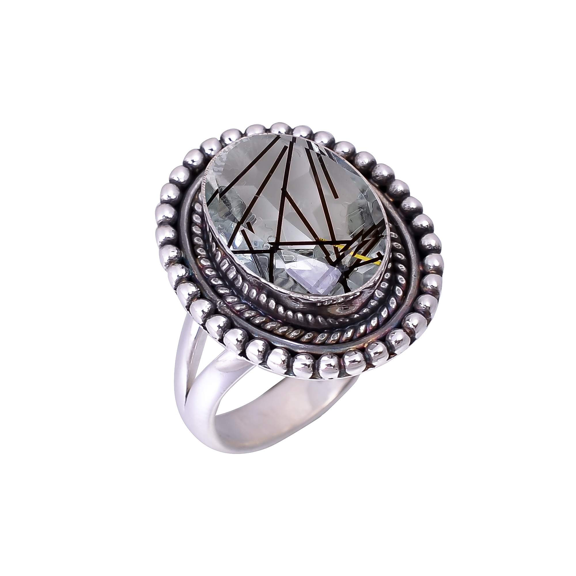 Black Rutilated Quartz - Simulated 925 Sterling Silver Ring