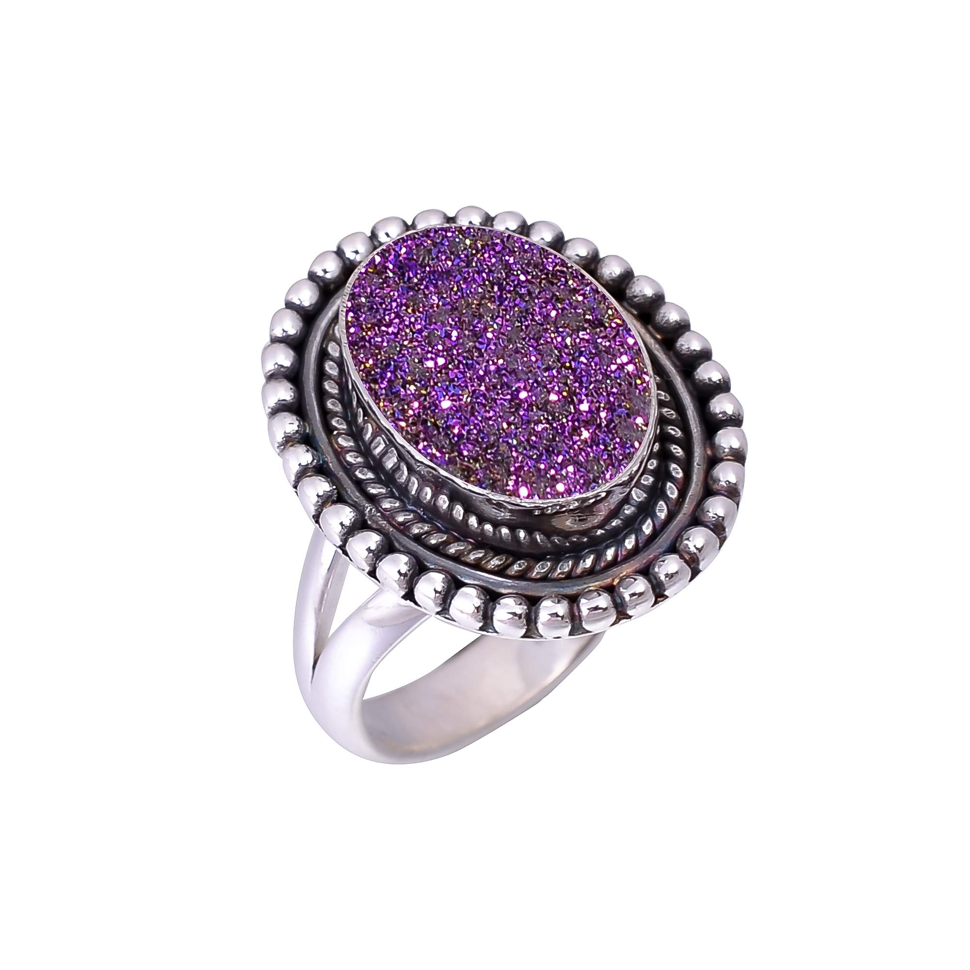 Purple Titanium Agate Drusy 925 Sterling Silver Ring