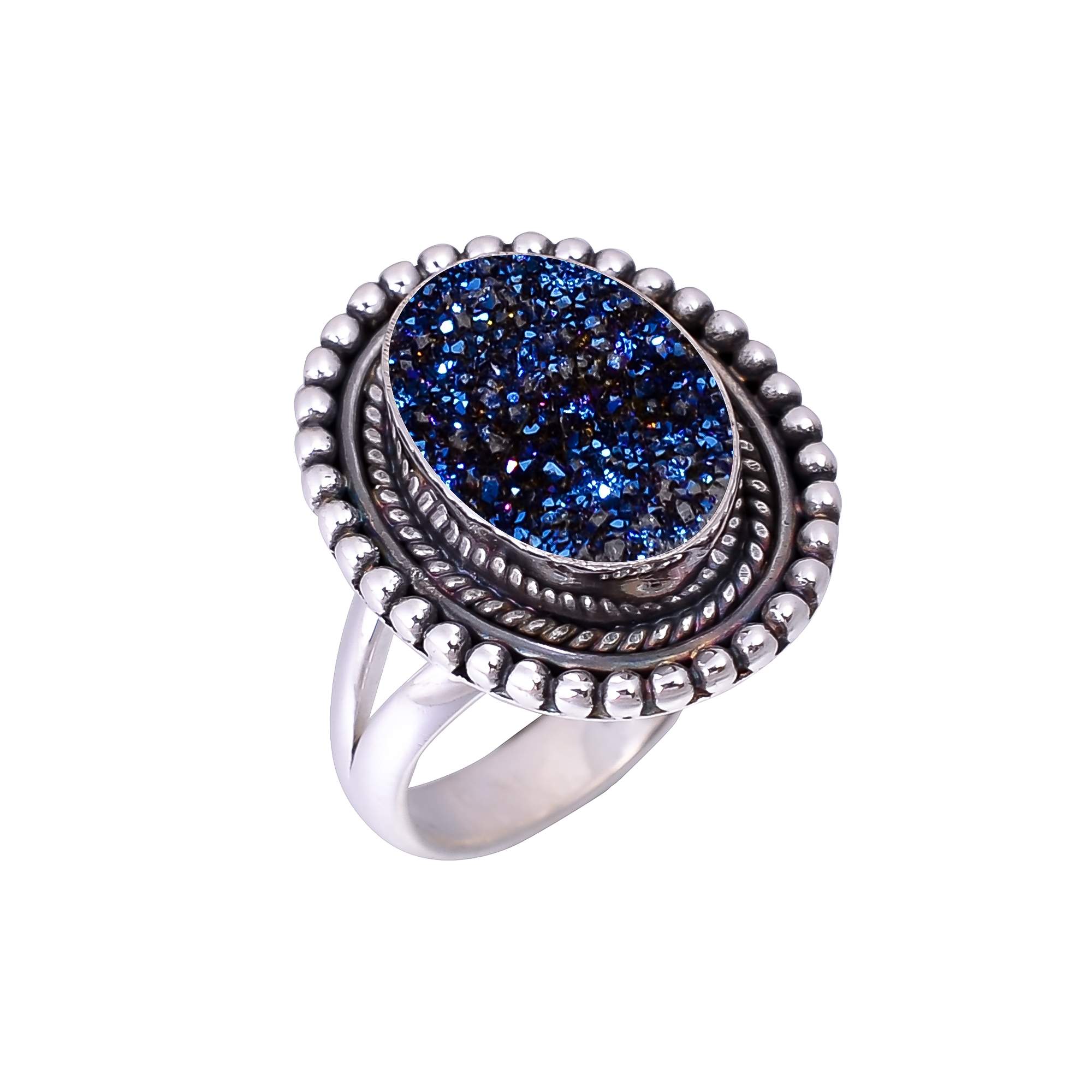 Electric Blue Titanium Agate Drusy 925 Sterling Silver Ring