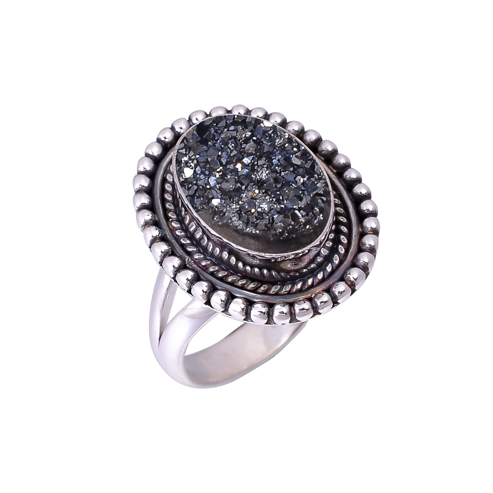 Black Titanium Agate Drusy 925 Sterling Silver Ring