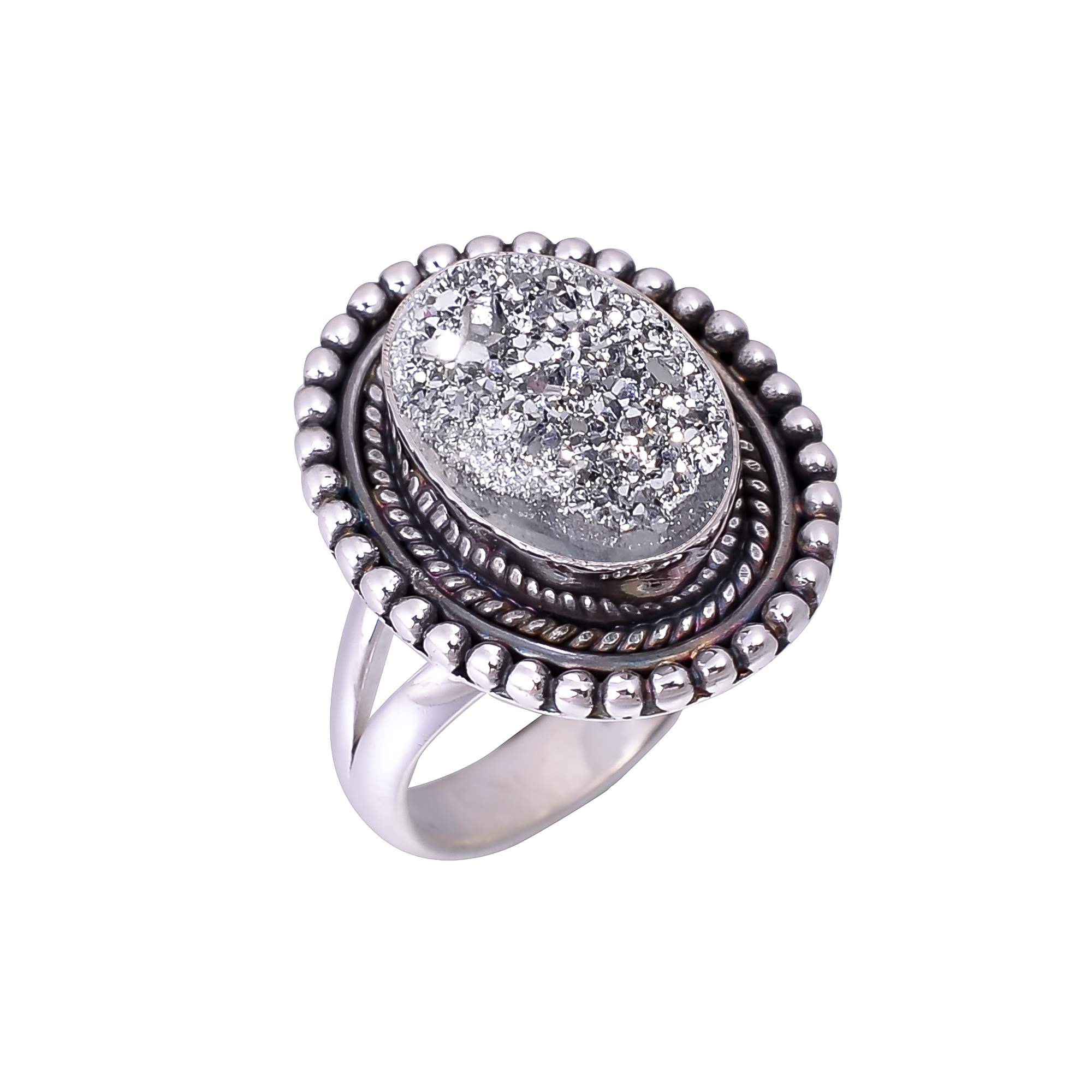 Silver Titanium Agate Drusy 925 Sterling Silver Ring