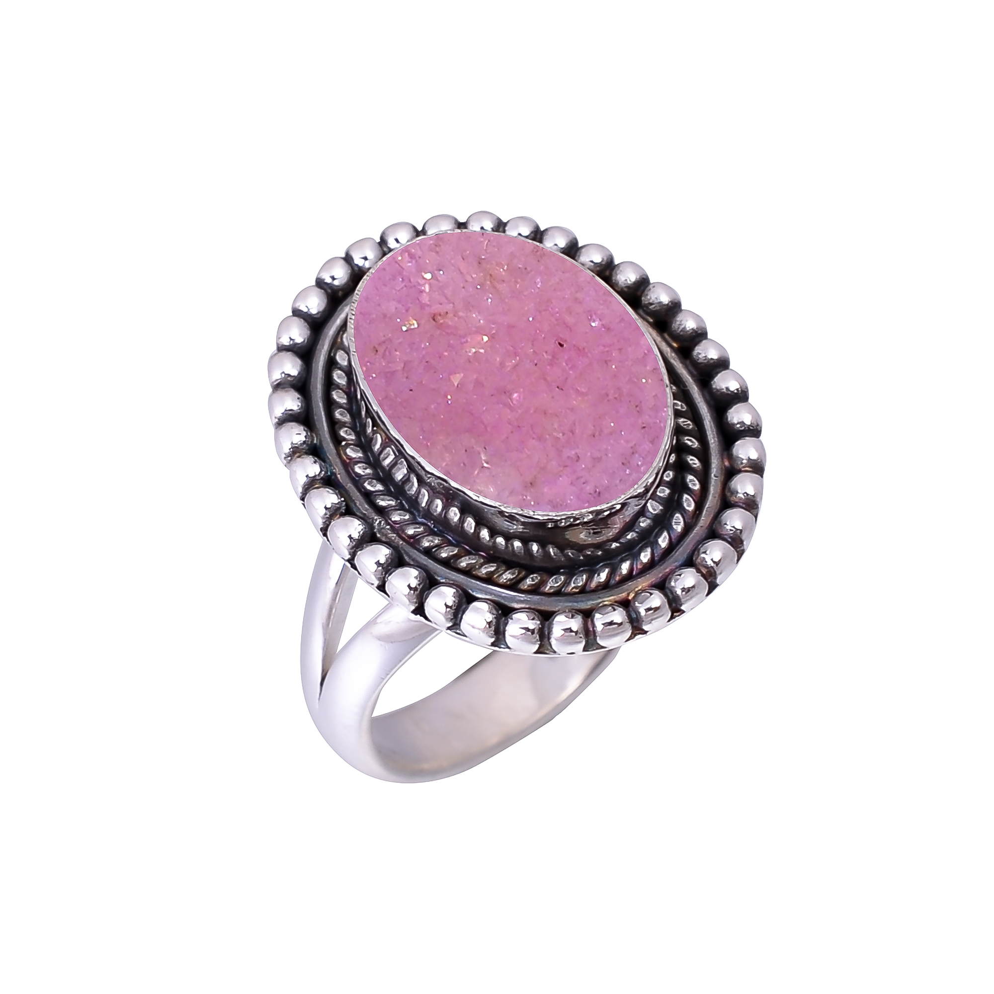 Pink Quartz Drusy - India 925 Sterling Silver Ring