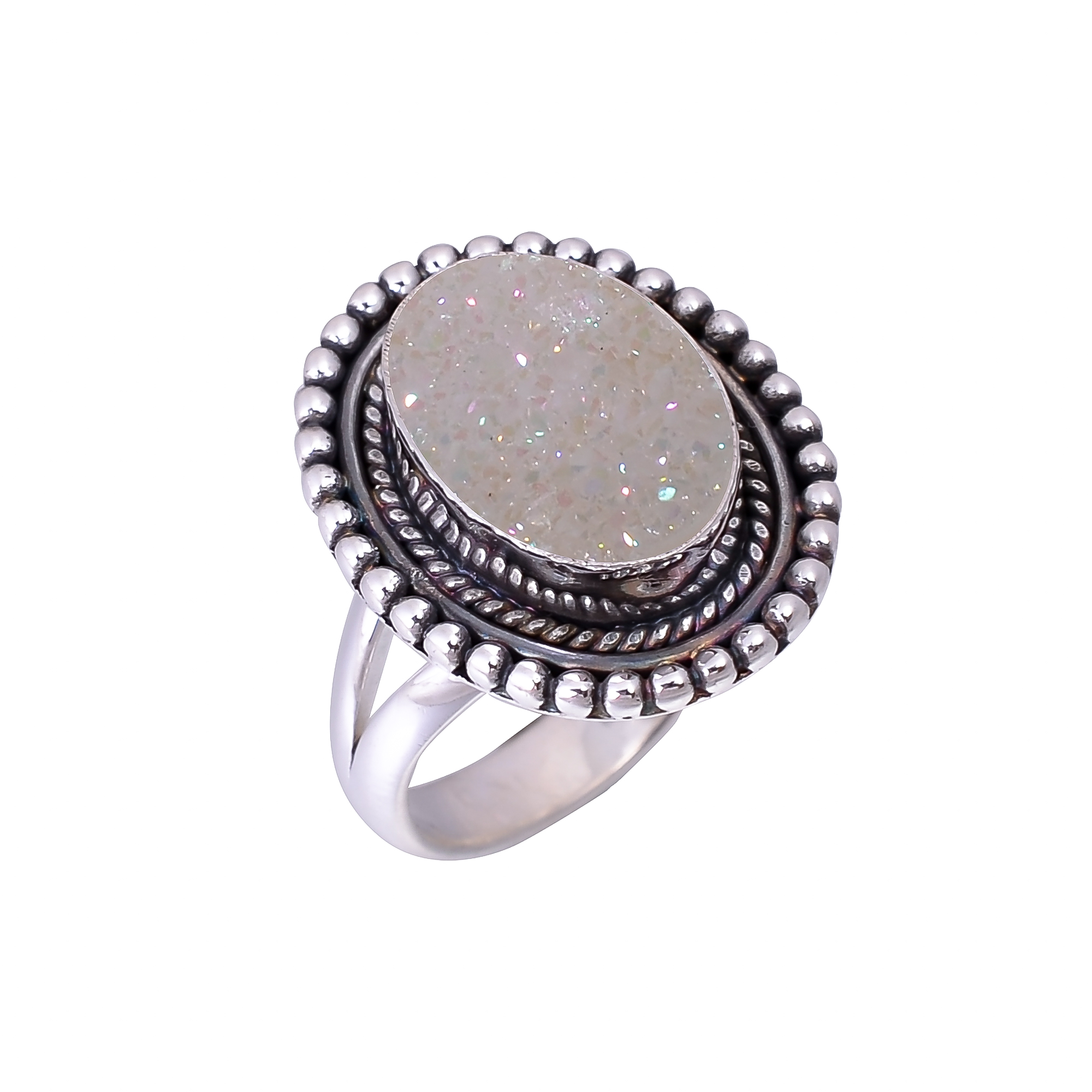Snow White Titanium Agate Drusy 925 Sterling Silver Ring