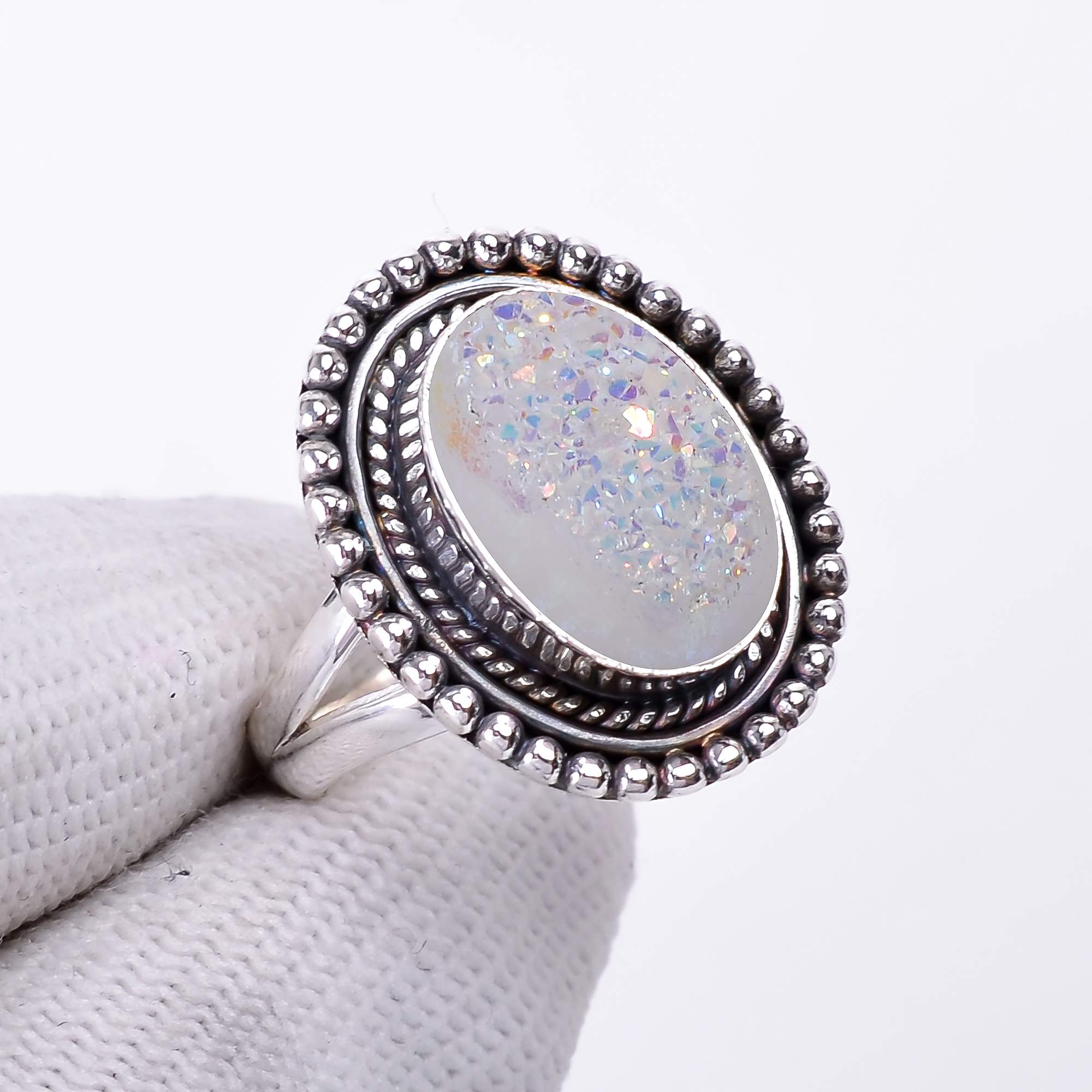 Snow White Titanium Agate Drusy 925 Sterling Silver Ring
