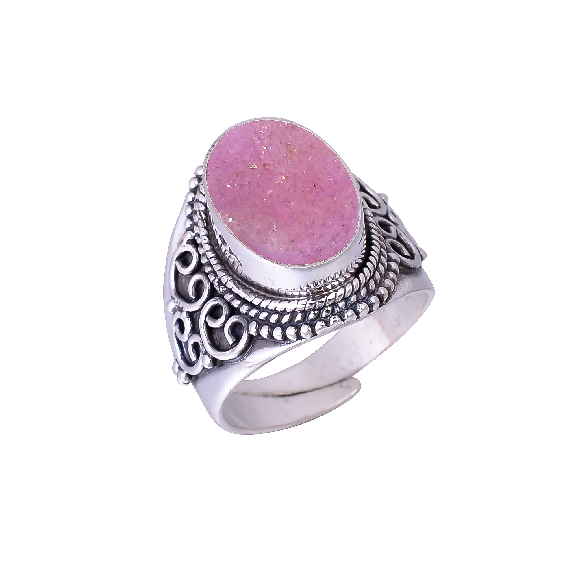 Pink Quartz Drusy - India 925 Sterling Silver Ring