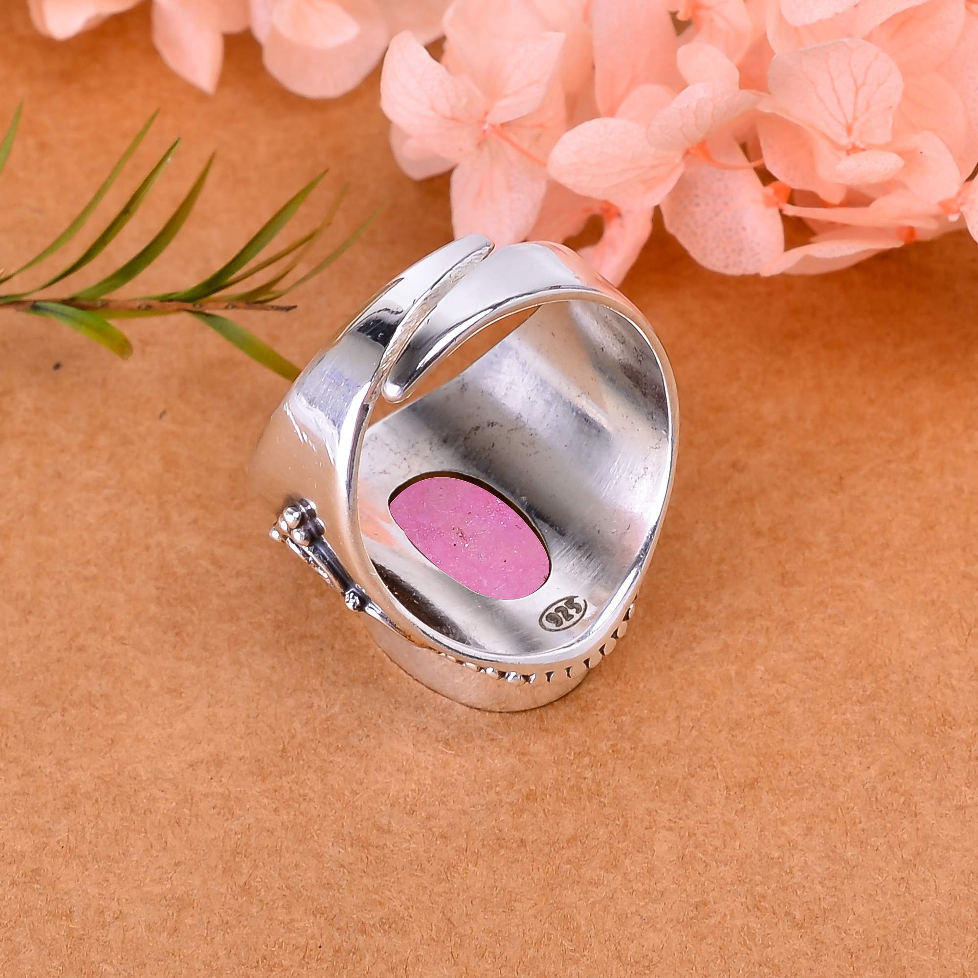Pink Quartz Drusy - India 925 Sterling Silver Ring