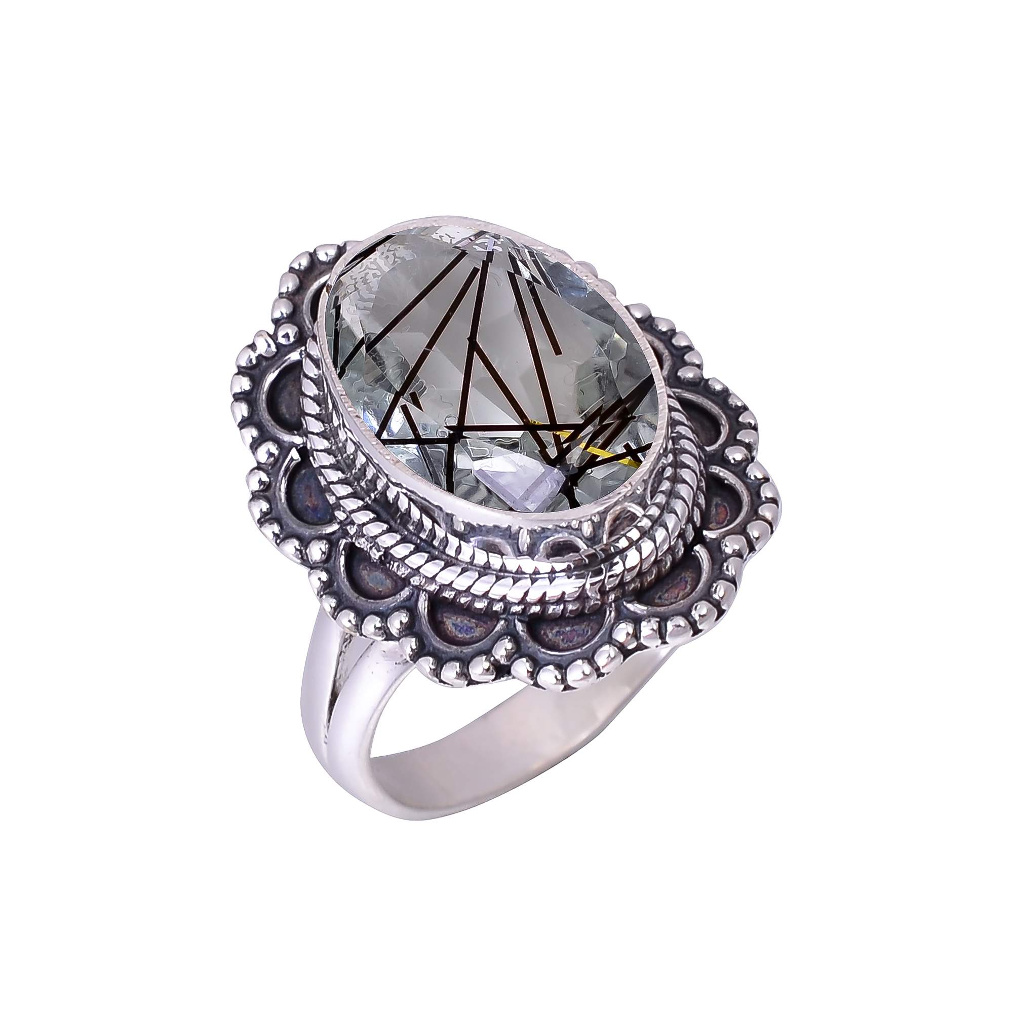 Black Rutilated Quartz - Simulated 925 Sterling Silver Ring