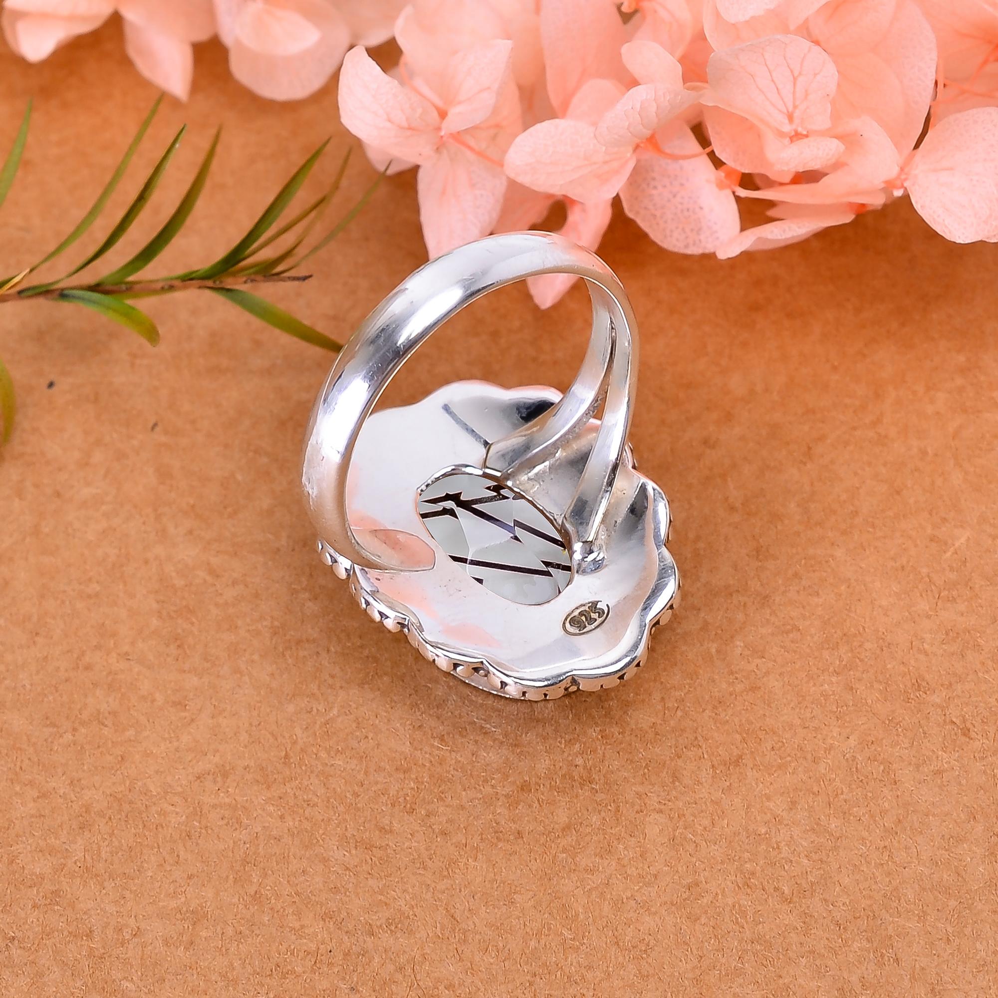 Black Rutilated Quartz - Simulated 925 Sterling Silver Ring
