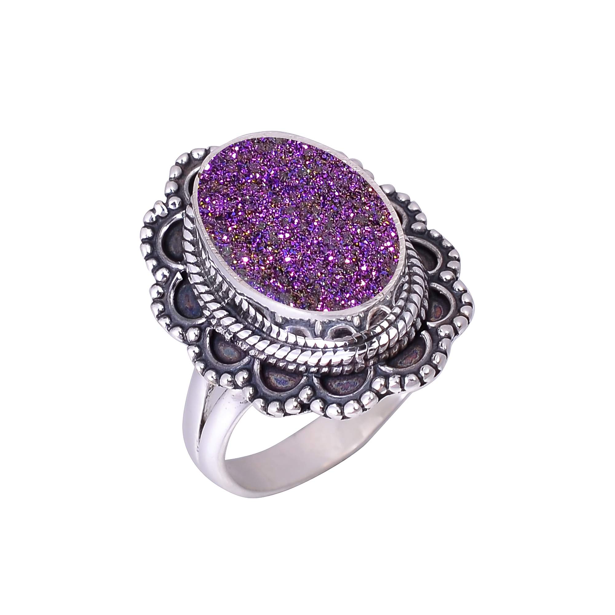 Purple Titanium Agate Drusy 925 Sterling Silver Ring