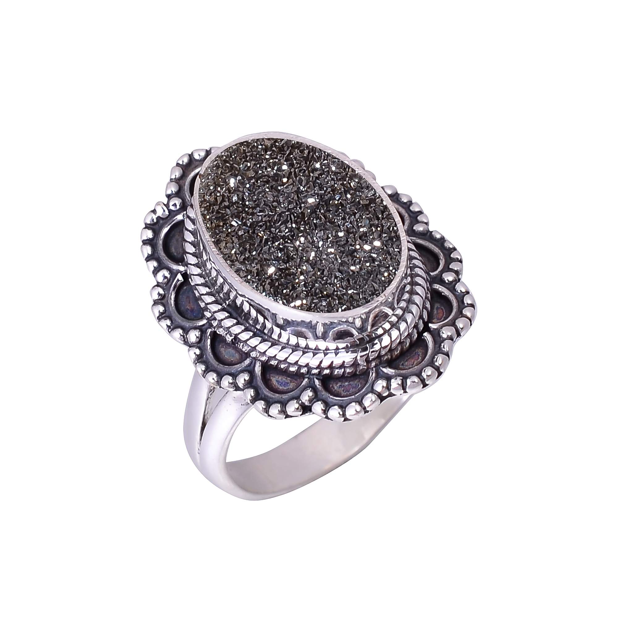 Black Titanium Agate Drusy 925 Sterling Silver Ring