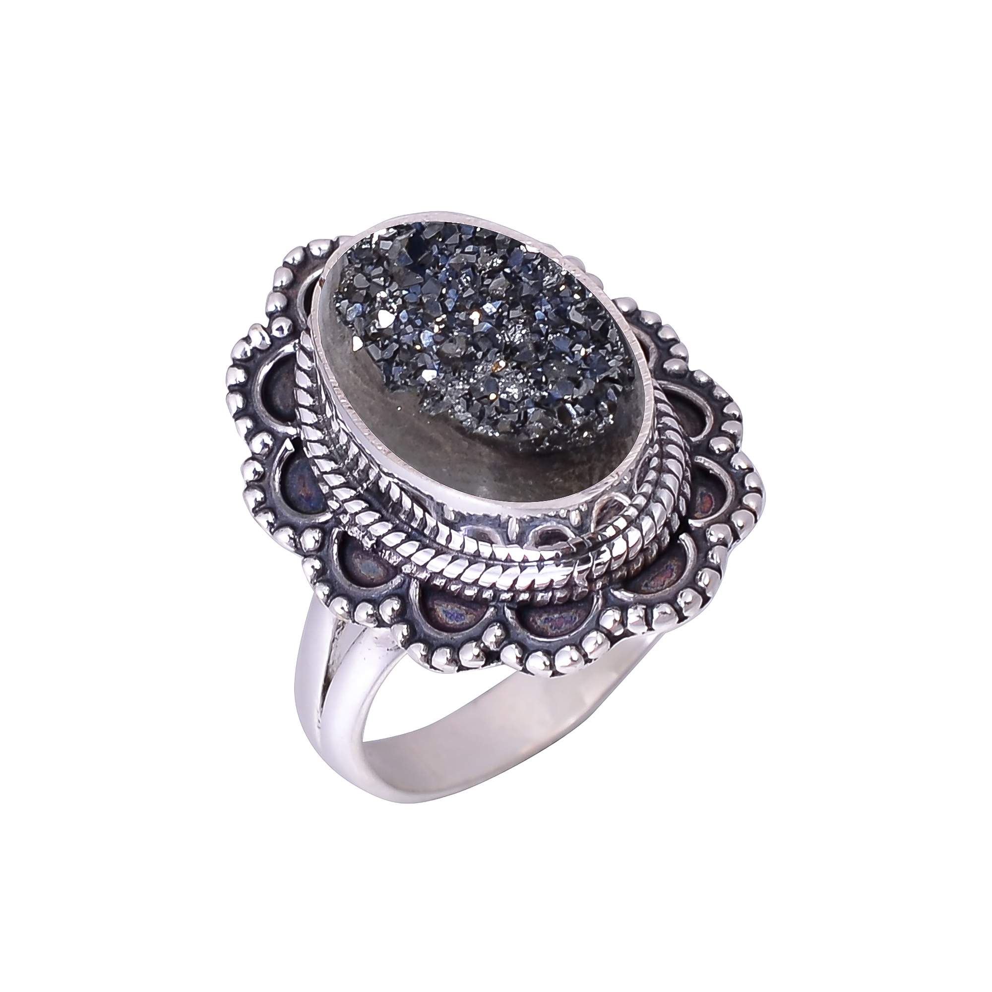 Black Titanium Agate Drusy 925 Sterling Silver Ring