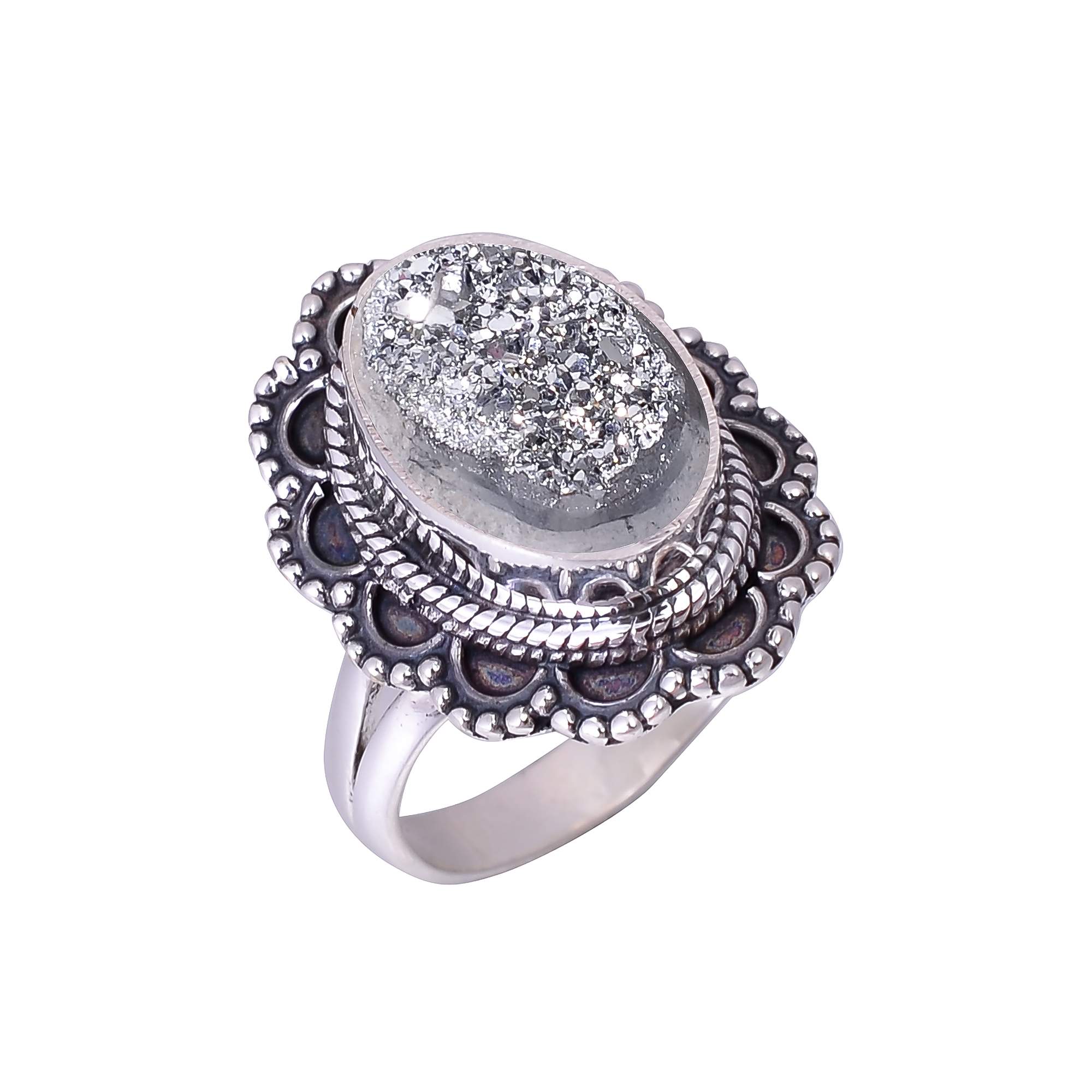 Silver Titanium Agate Drusy 925 Sterling Silver Ring