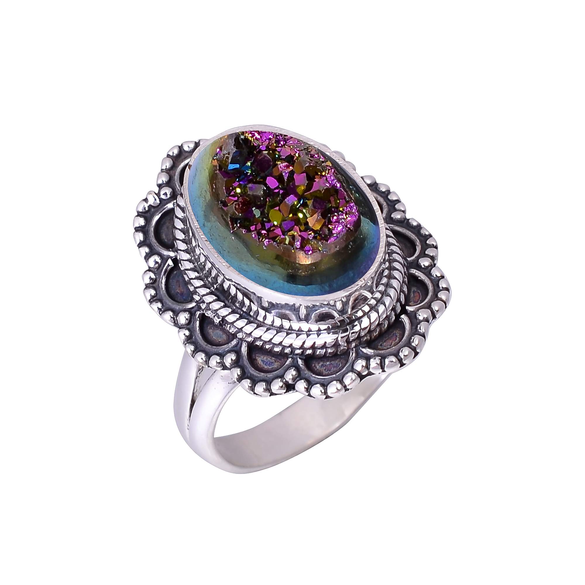 Peacock Titanium Agate Drusy 925 Sterling Silver Ring