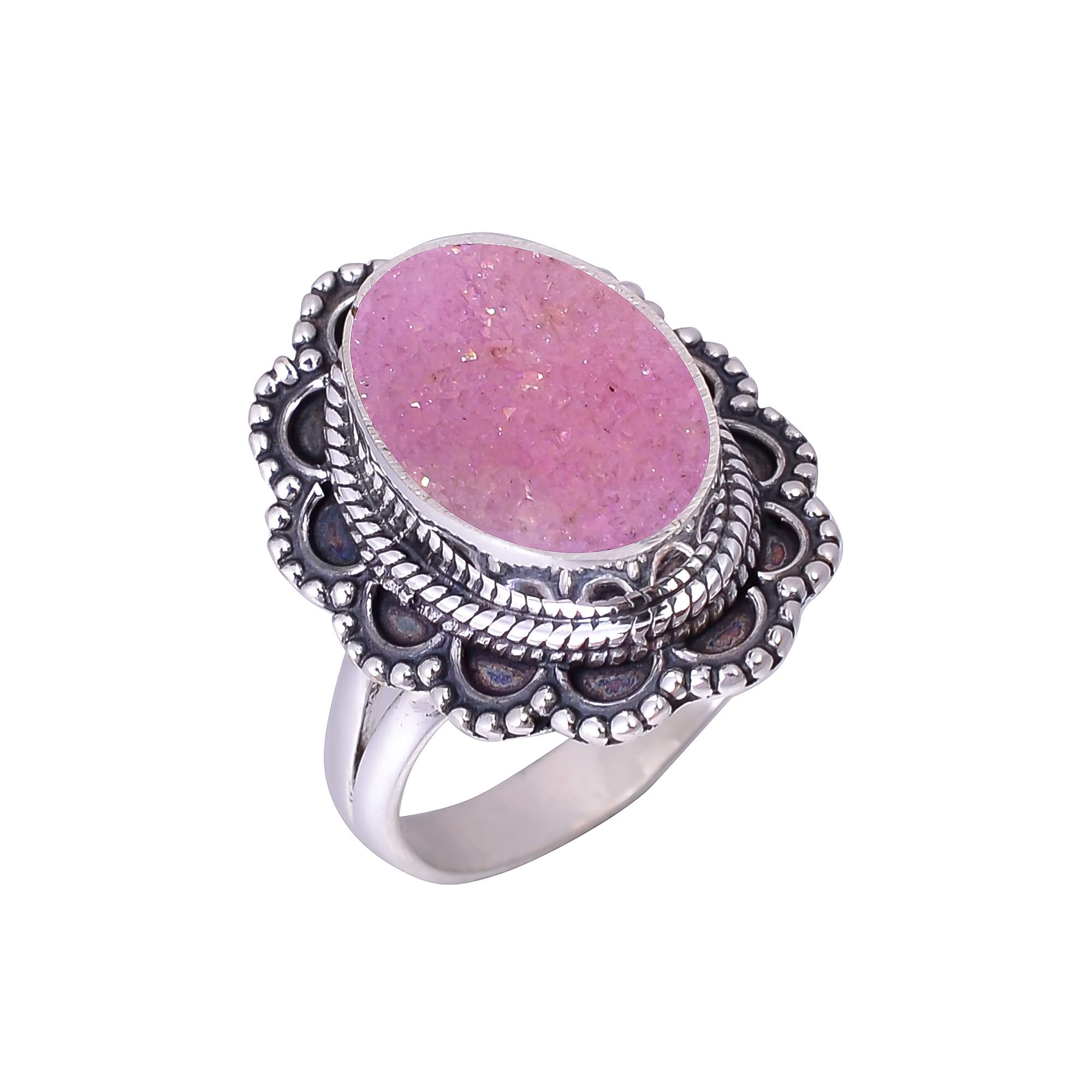 Pink Quartz Drusy - India 925 Sterling Silver Ring