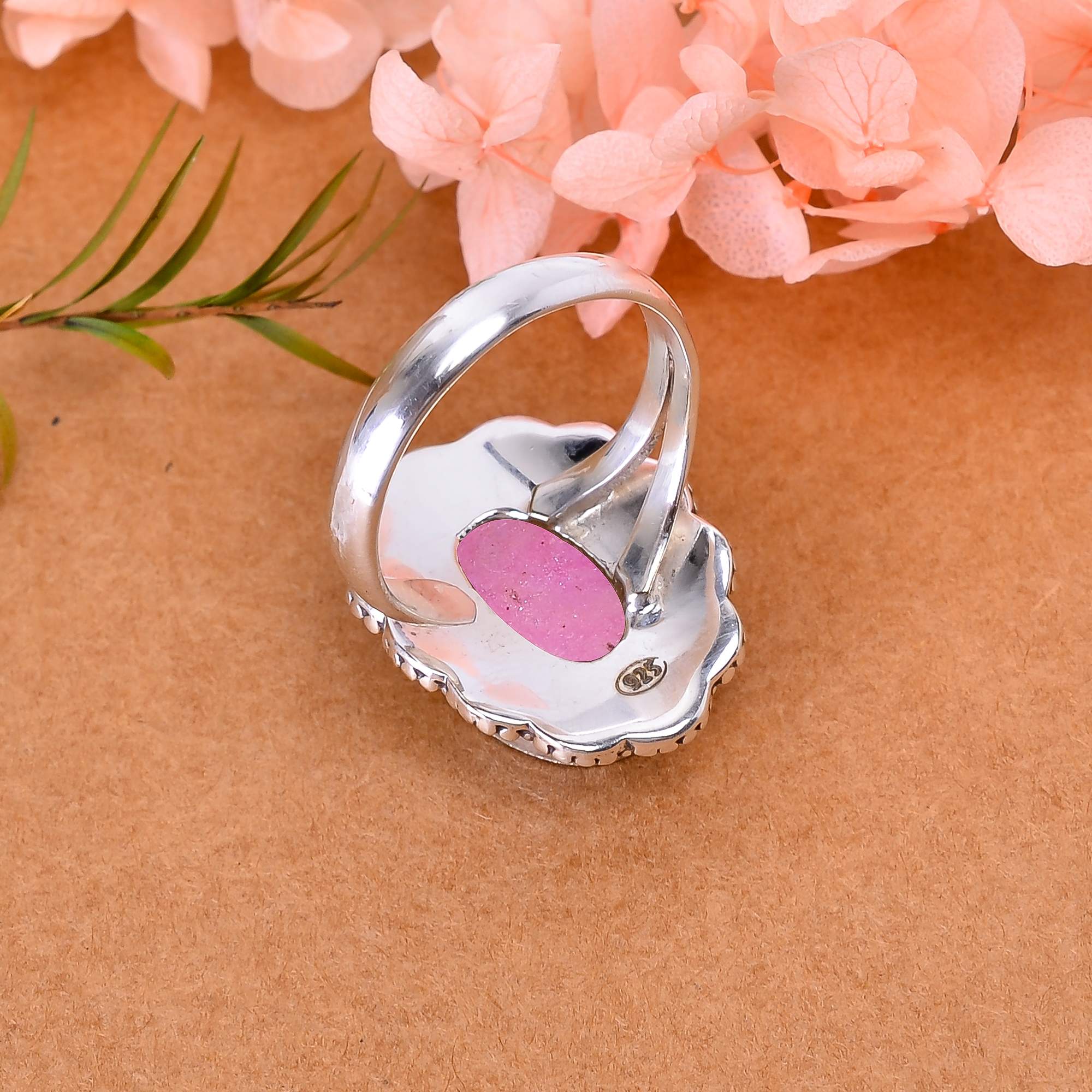 Pink Quartz Drusy - India 925 Sterling Silver Ring