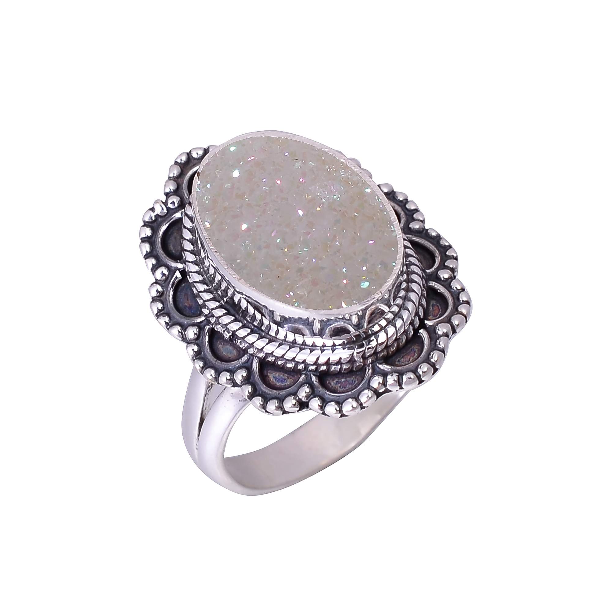 Snow White Titanium Agate Drusy 925 Sterling Silver Ring