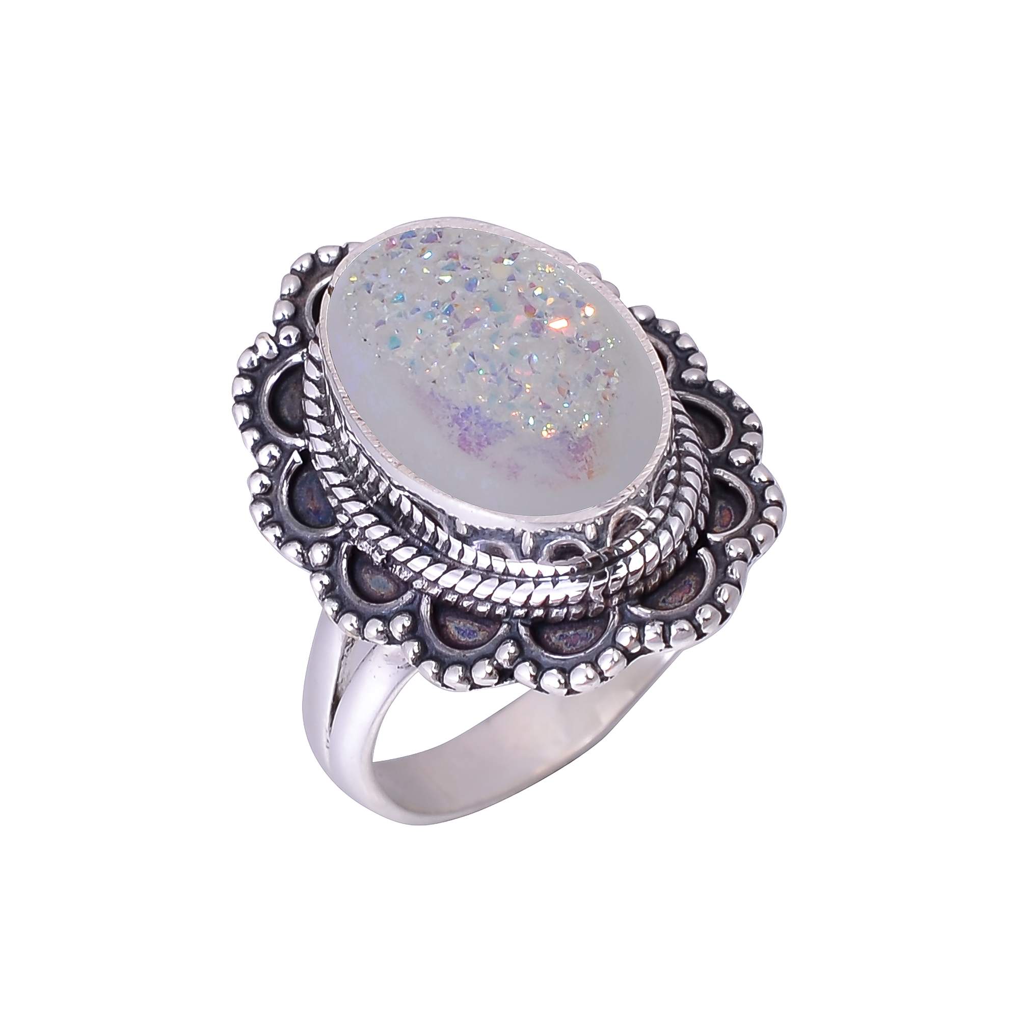 Snow White Titanium Agate Drusy 925 Sterling Silver Ring