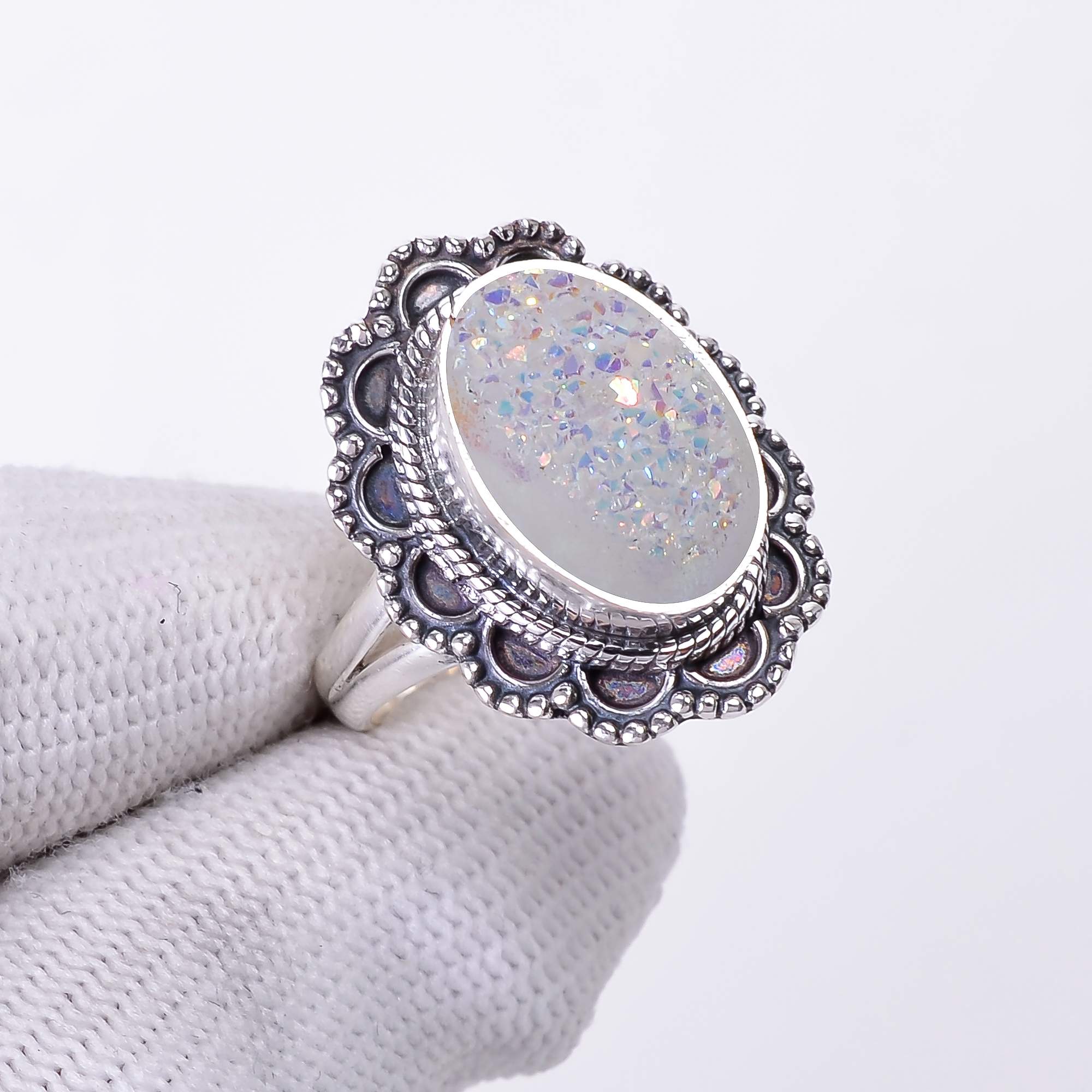 Snow White Titanium Agate Drusy 925 Sterling Silver Ring